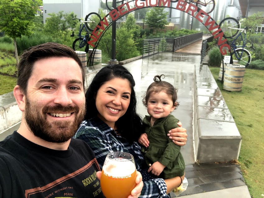 Family selfie portrait at the entrance to New Belgium Brewing in Asheville, NC